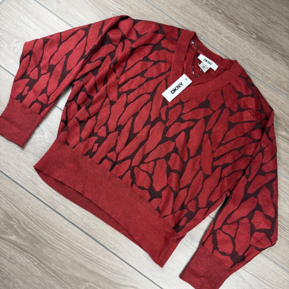 DKNY Women Sweater V-Neck Abstract Print Merlot Red XL